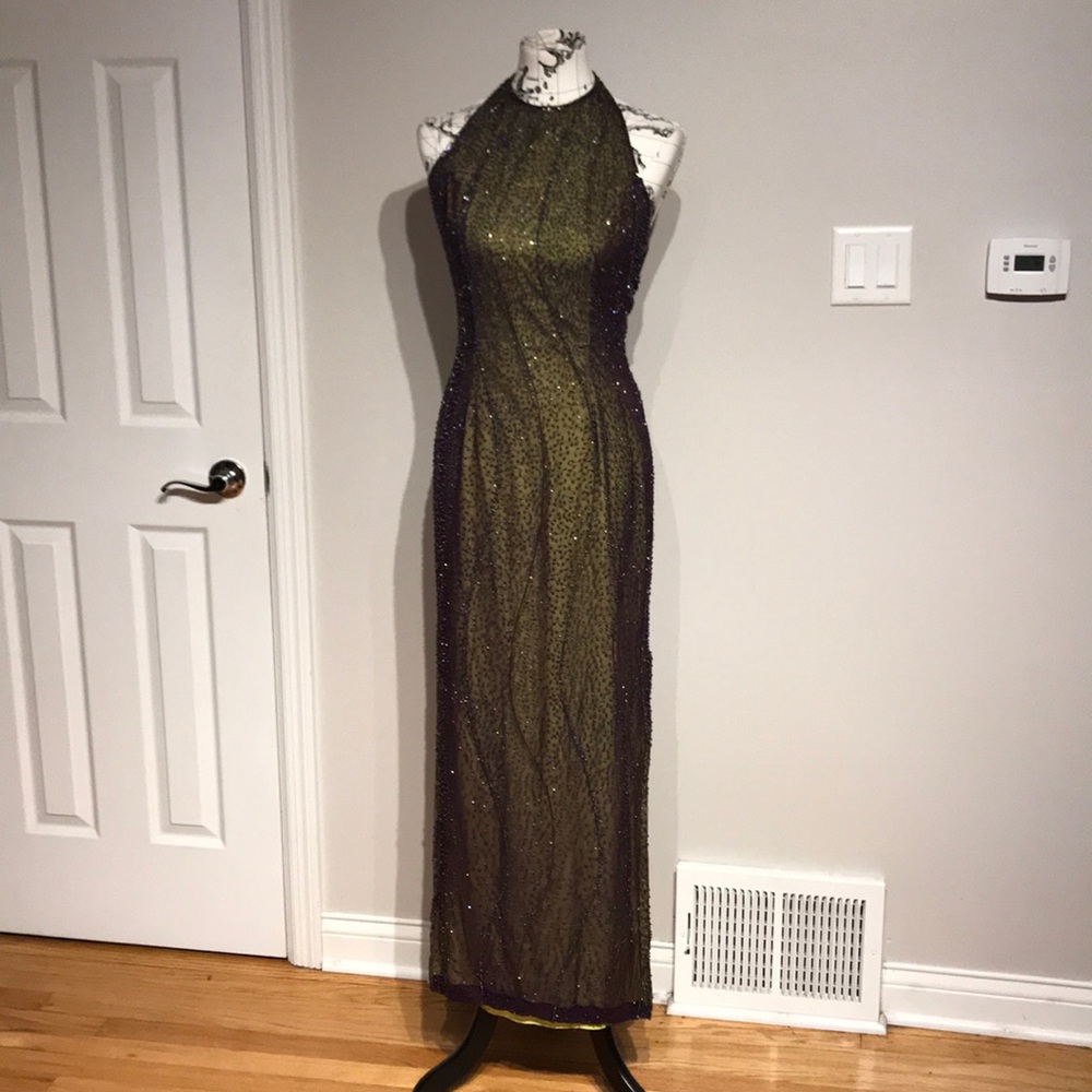 BEADS Silk Vintage Embellish Evening Formal Gown Halter slits bodice pencil M